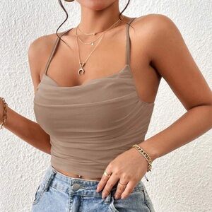 Spaghetti Strap Cowl Neck Tank Top - Taupe